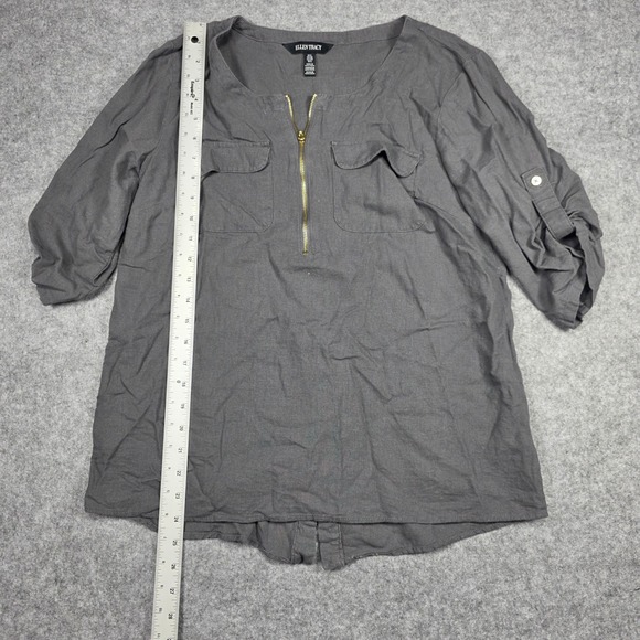 Ellen Tracy Blouse Women S Gray 3/4 Sleeve Zip Front Tassel Solid Gray Blouse - Picture 2 of 9